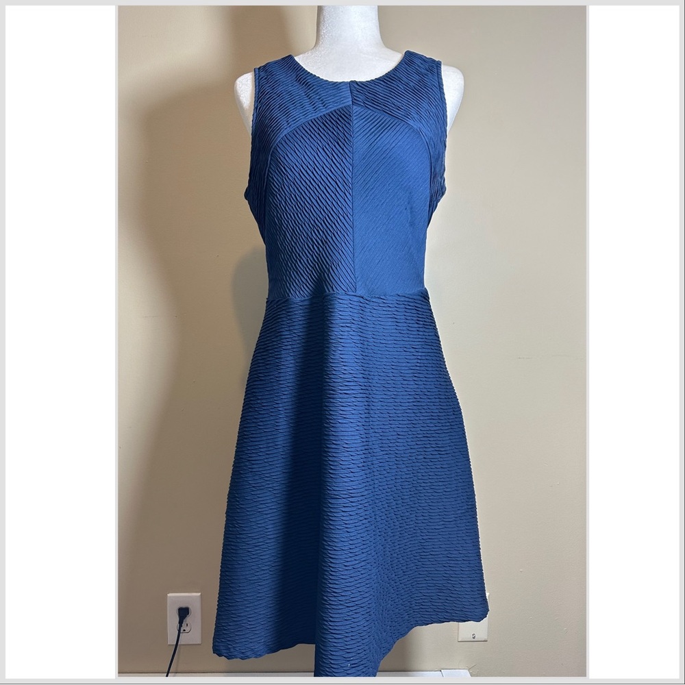 Navy Blue Pleated Ruched Bias Seam A-line Dress - Size L